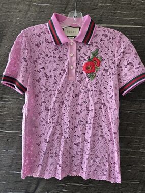 Gucci Girls' Pink Lace Polo Top with Floral Embroidery